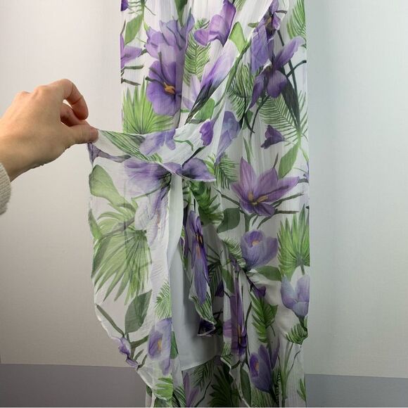 ALICE + OLIVIA White Purple Green Floral Print Cowl Neck Ruffle Slit Dress Sz 0 - Picture 6 of 13